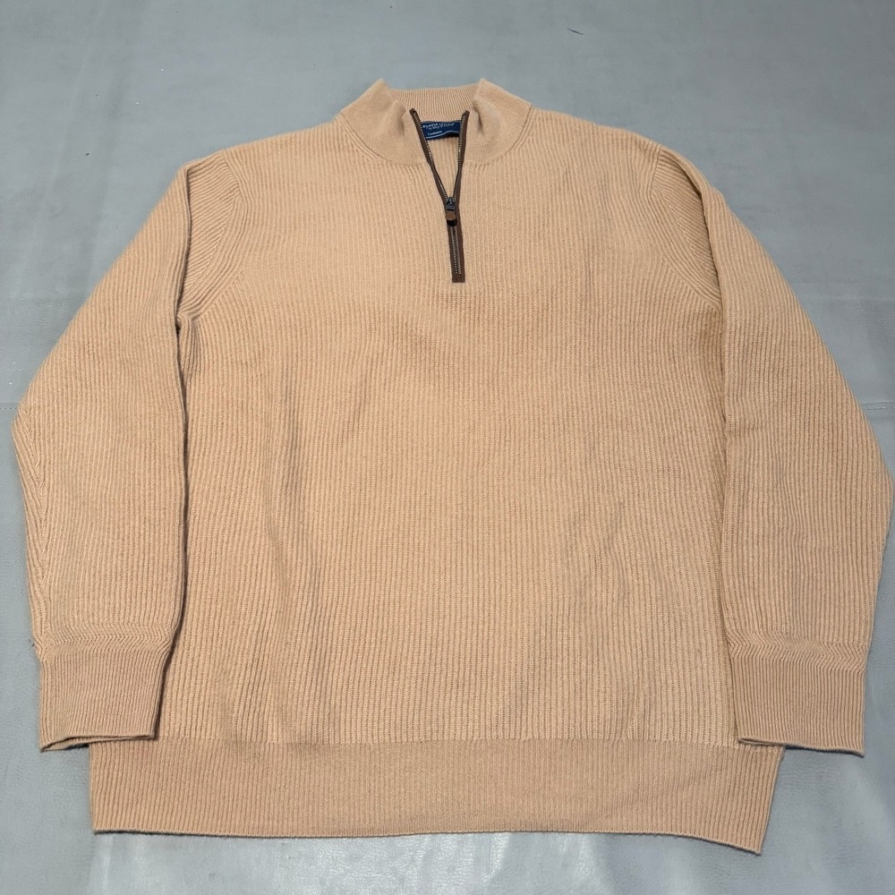 Vineyard Vine Men Tan Rib Quarter 1/4 Zip Pure 100% Cashmere Sweater Quiet-L9531